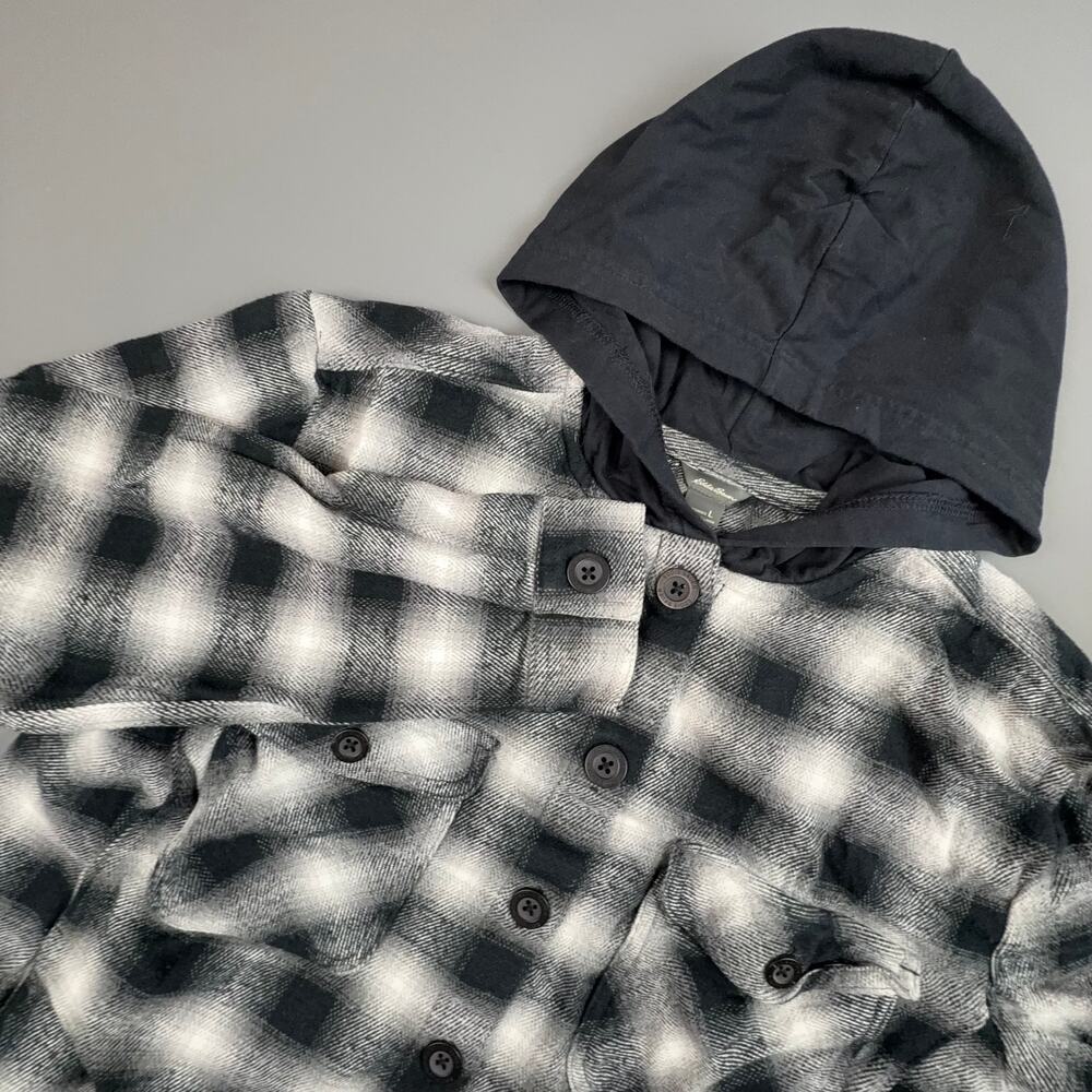 Eddie Bauer Plaid Flannel Hoodie Shirt Women L Black White Cotton Outdoor